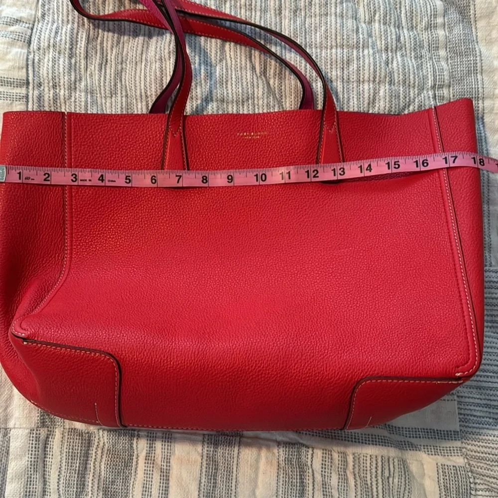 Tory Burch Large Brilliant Red/Crazy Pink Leather Pebbled Tote - Picture 6 of 12